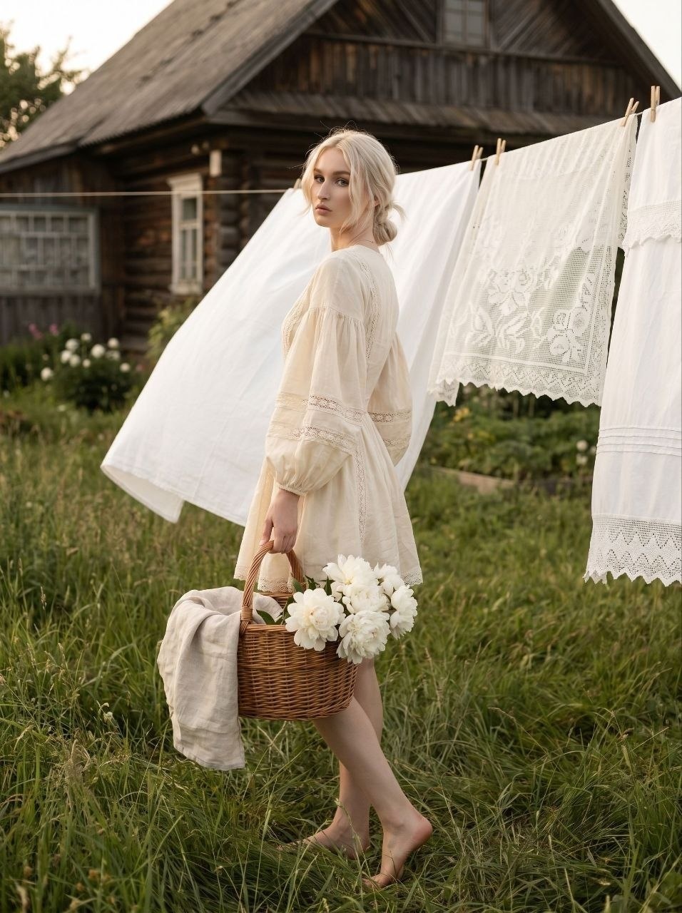 Fashion-портрет в траве с пионами и кружевом