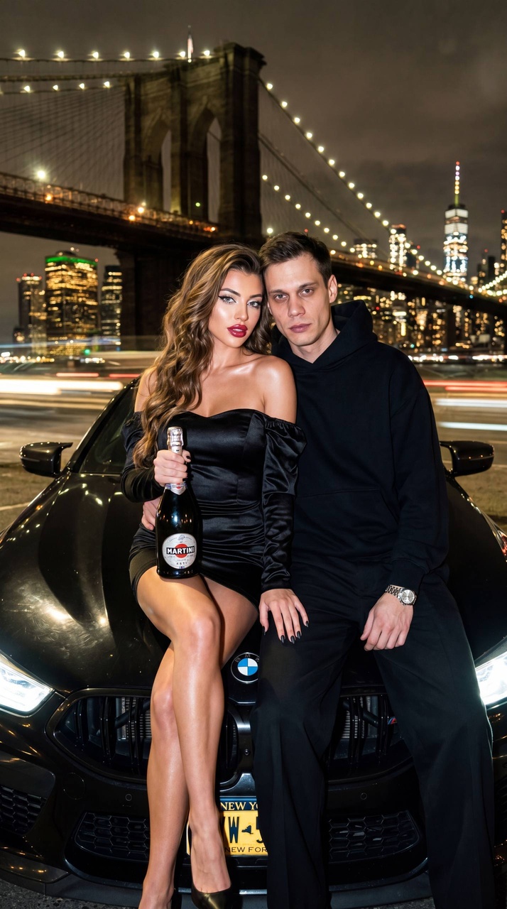Пара на чёрном BMW M8 на фоне Бруклинского моста