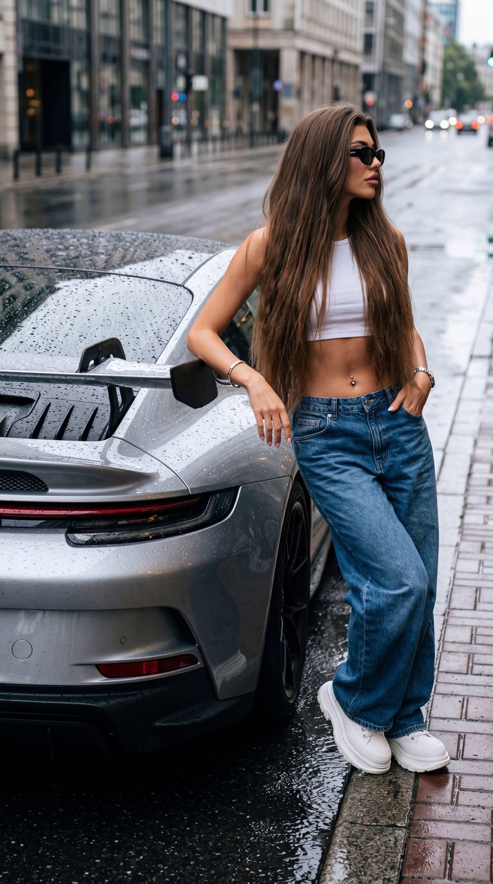 Девушка у мокрого Porsche в дождливом городе