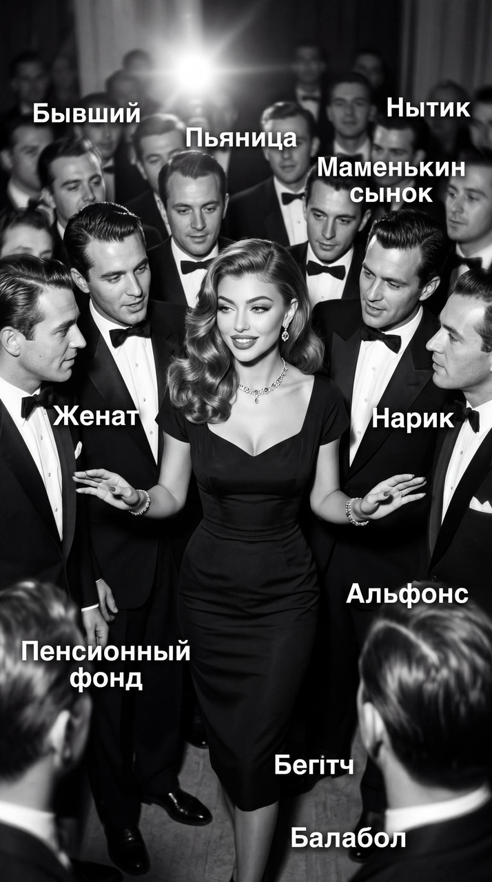 Чёрно-белый портрет женщины в окружении мужчин