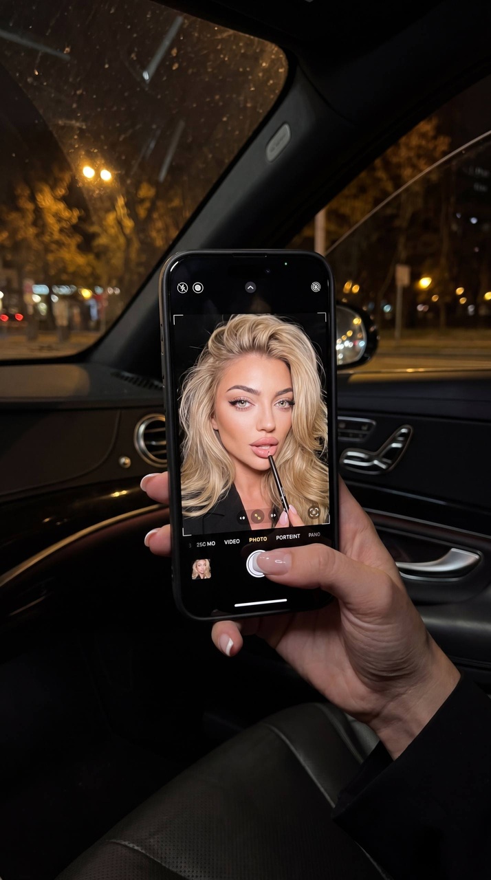 Женщина в салоне авто с iPhone и макияжем
