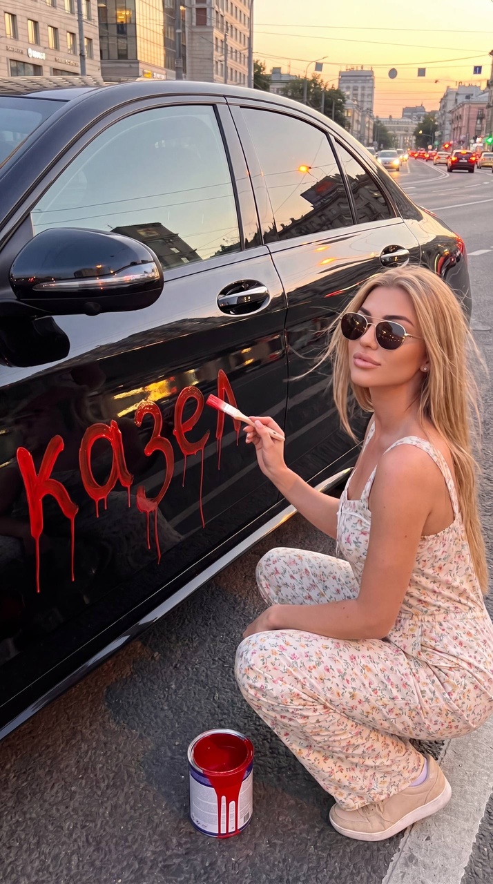 Девушка с кистью у чёрного Mercedes в городе