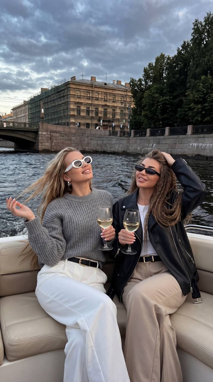 Две стильные женщины на моторной лодке вечером