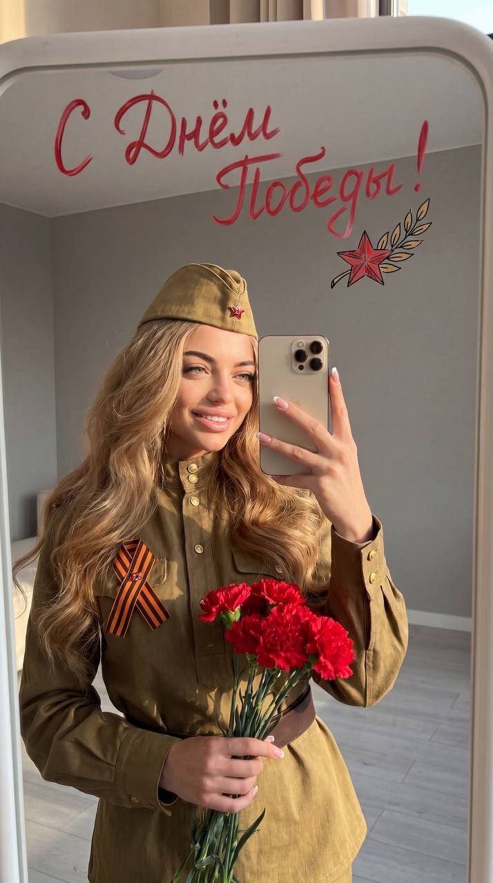 Девушка в советской форме с георгиевской лентой