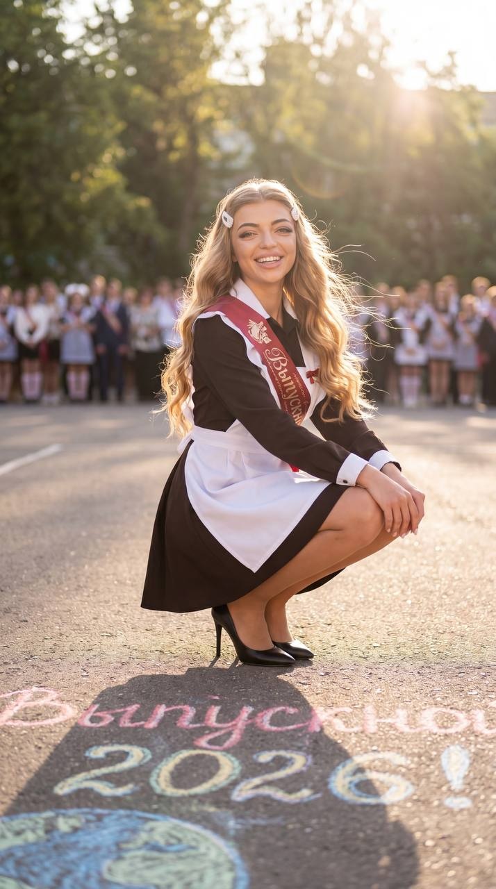 Школьница в форме выпускницы у надписи Graduation 2026