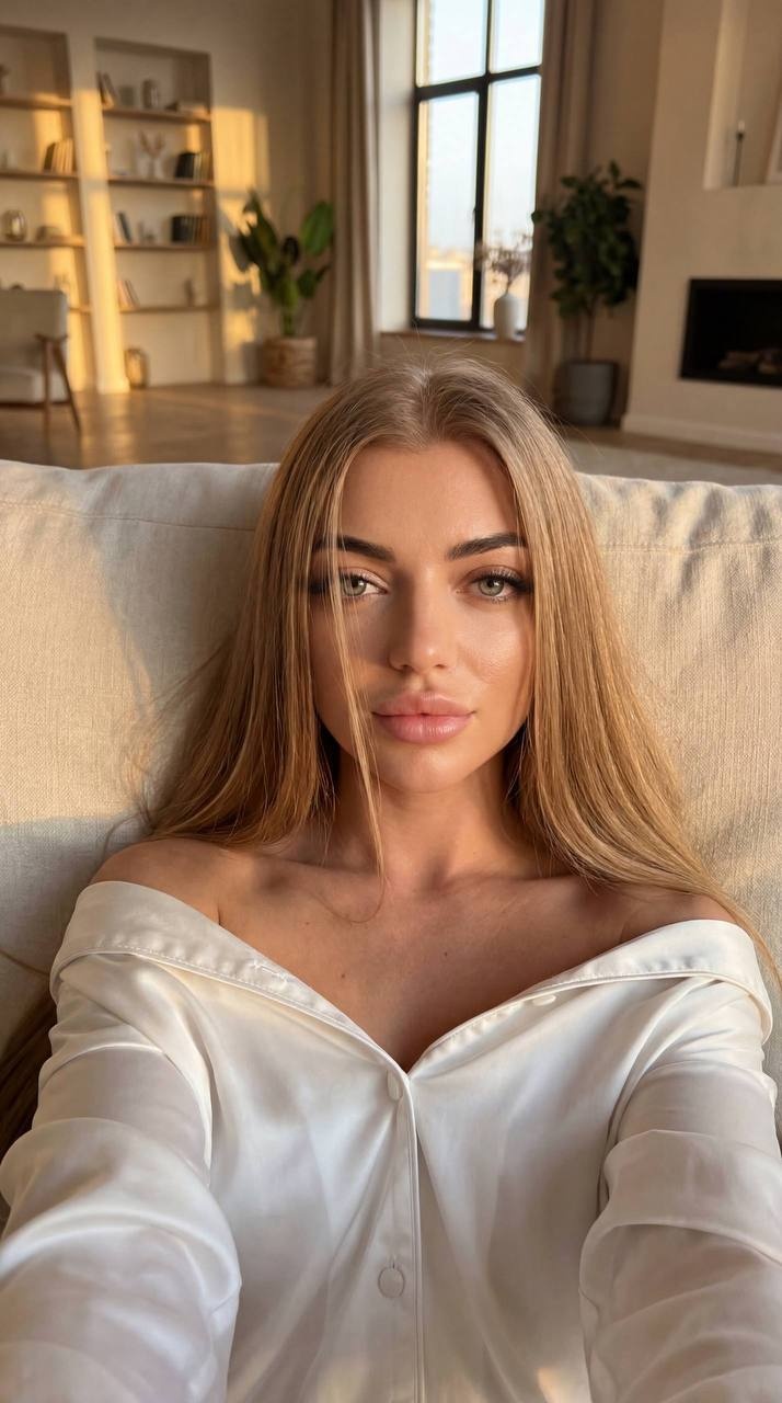 Селфи модели на диване в тёплом свете