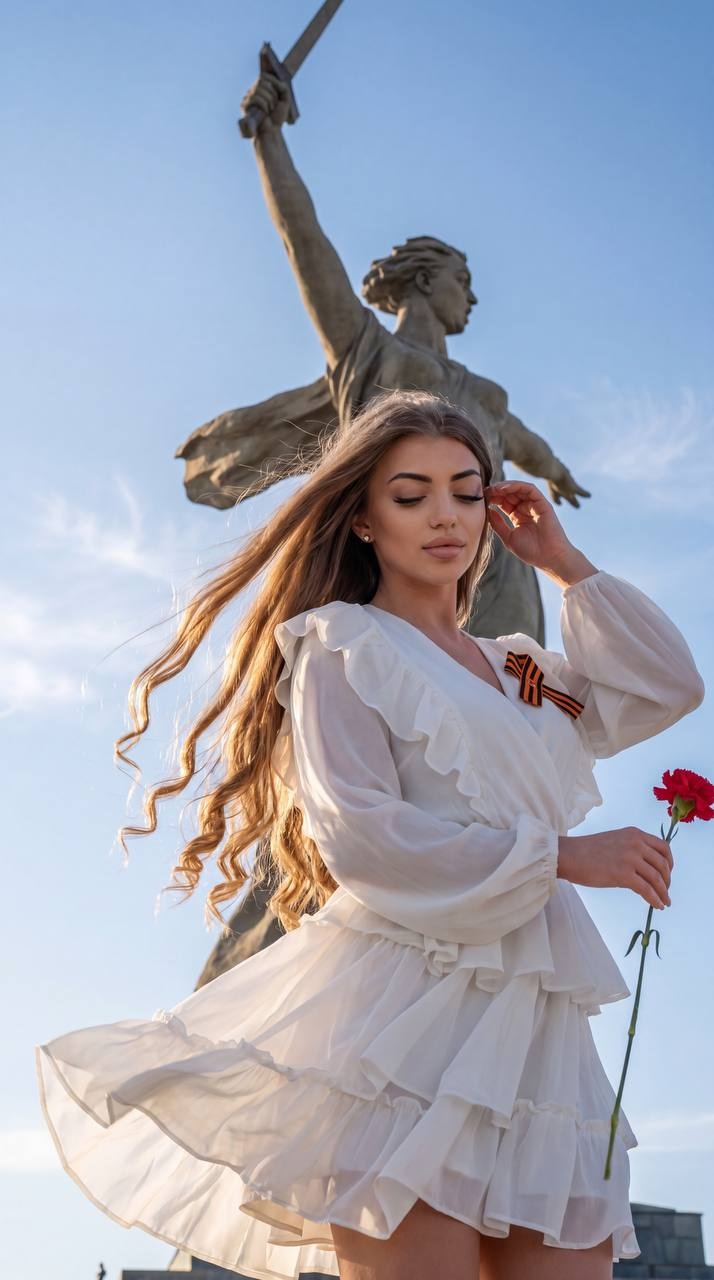 Девушка в белом платье у монумента «Родина-мать»