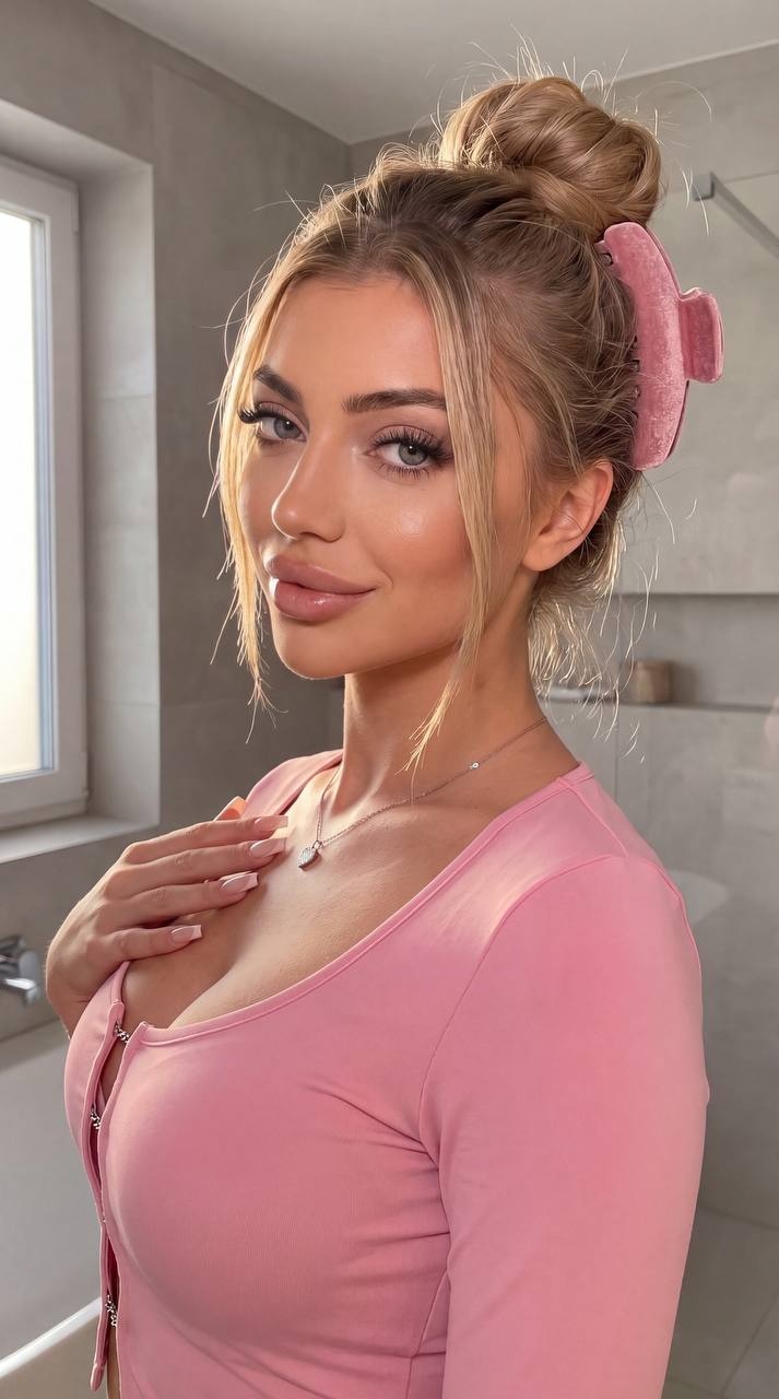 Женщина в минималистичной ванной с мягким светом