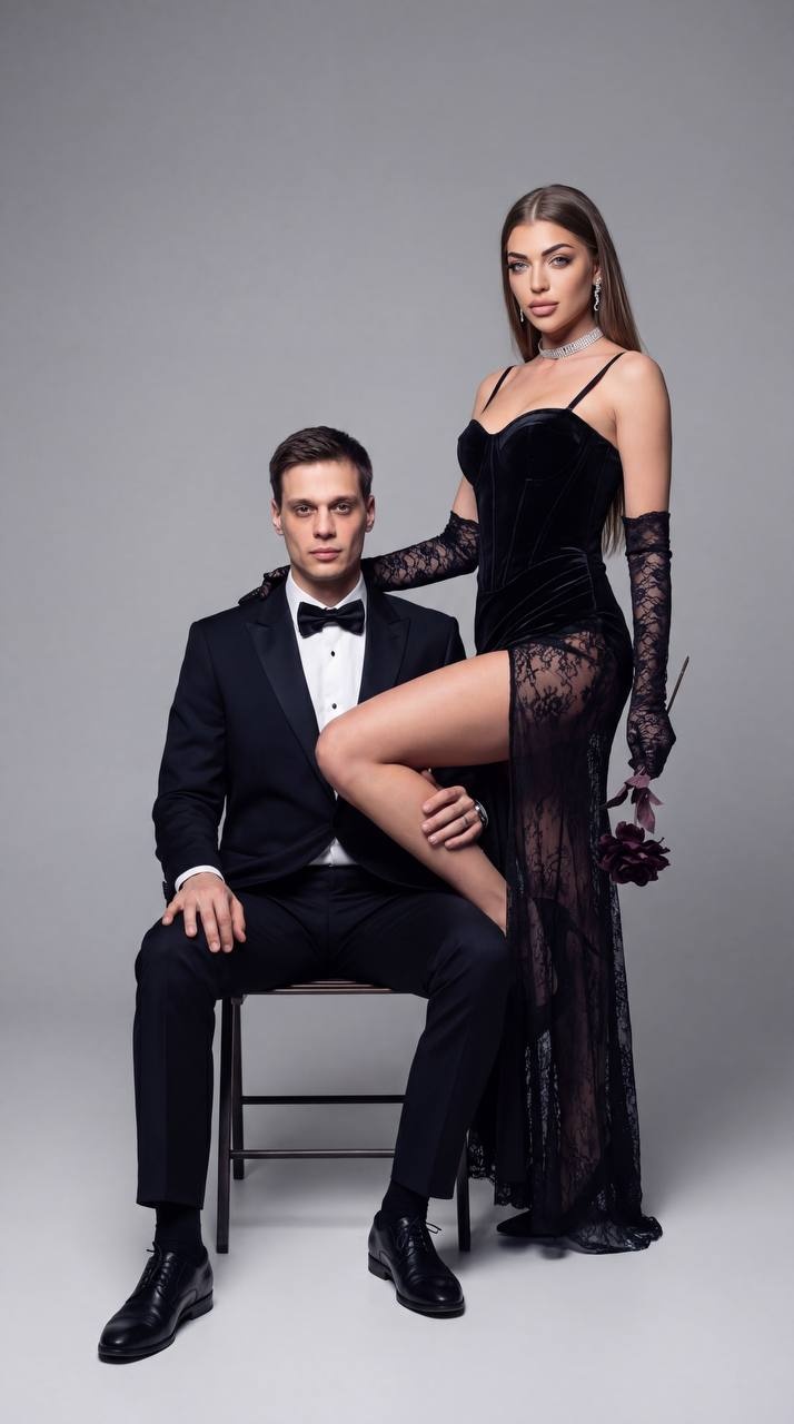 Минималистичная fashion-съёмка пары в вечерних образах