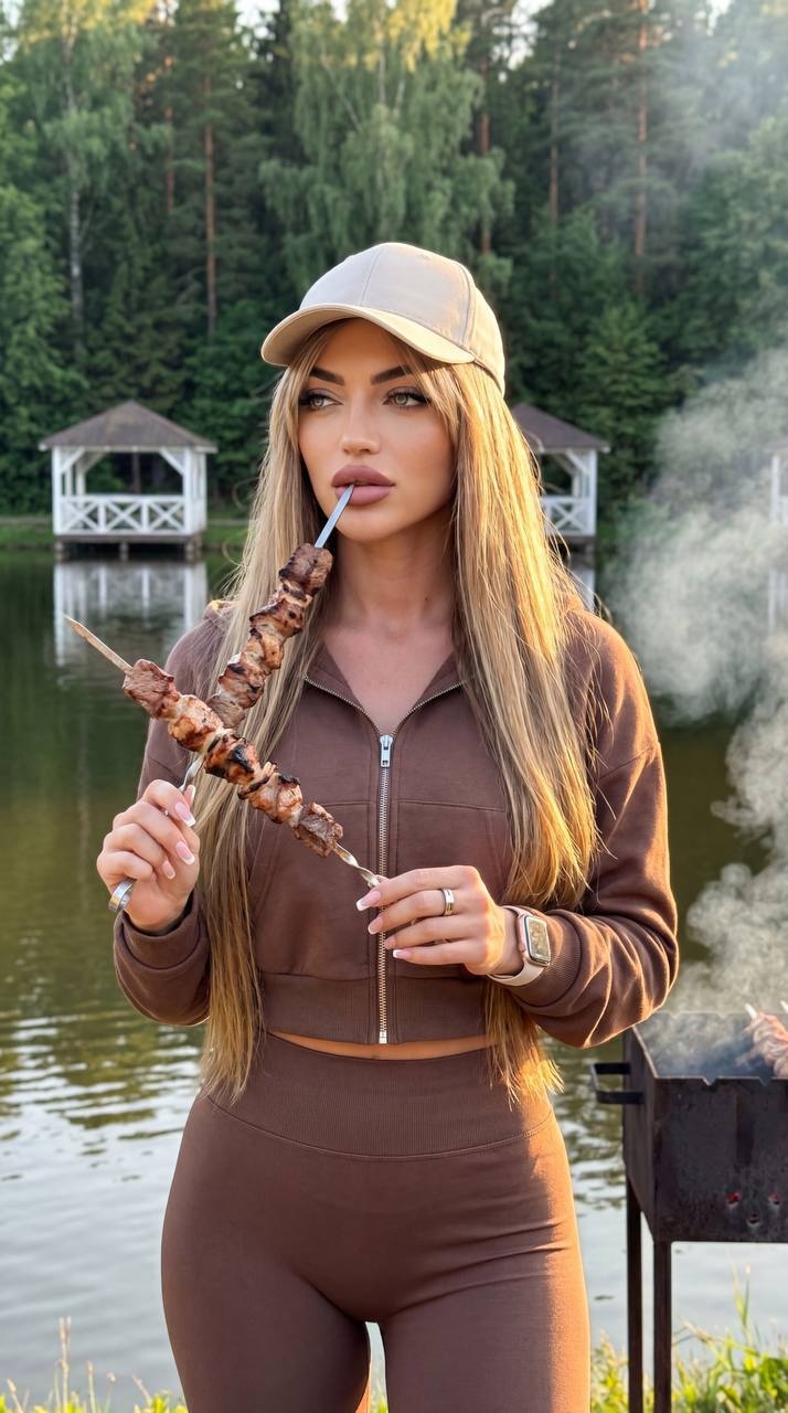 Девушка у мангала на фоне озера и леса