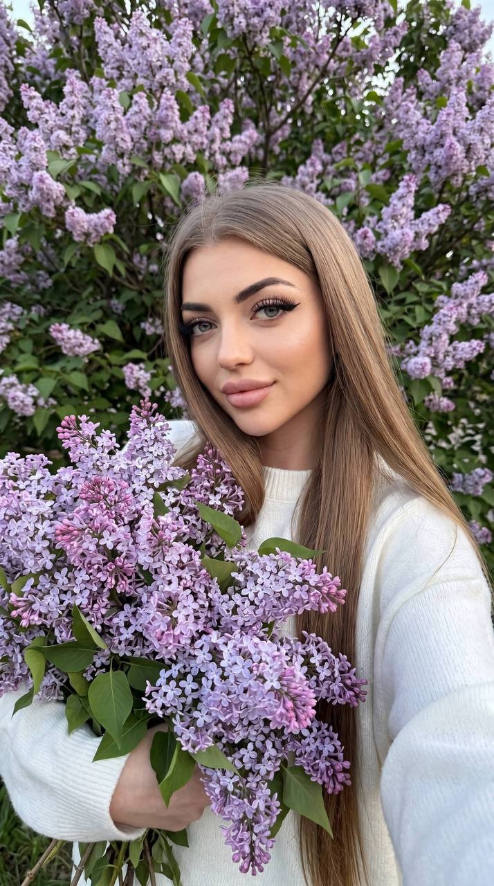 Девушка с букетом сирени у цветущего дерева