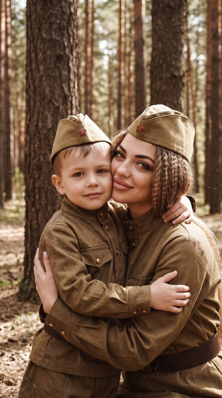 Мать обнимает сына в советской форме в лесу