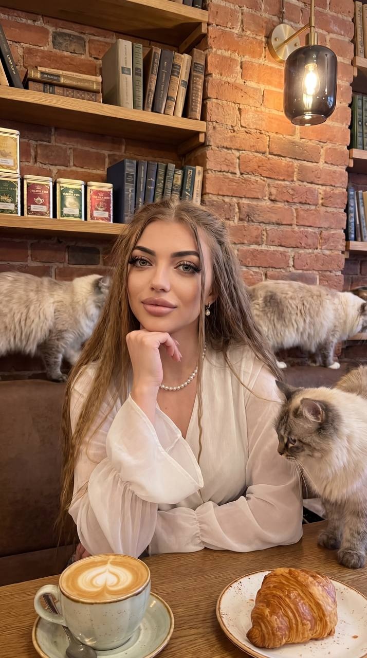 Девушка в уютном котокафе с кошками