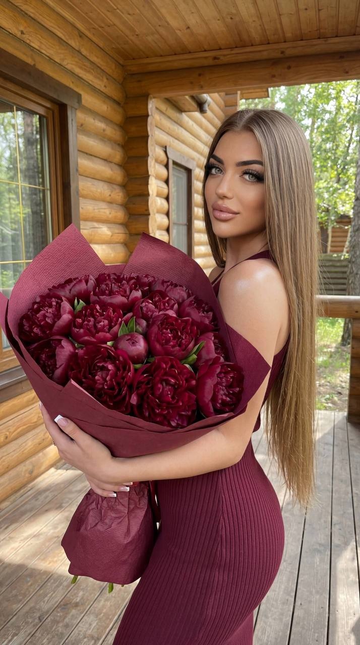 Женщина у деревянного домика с букетом пионов