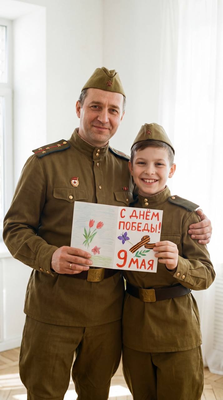 Отец и сын в советской форме на День Победы