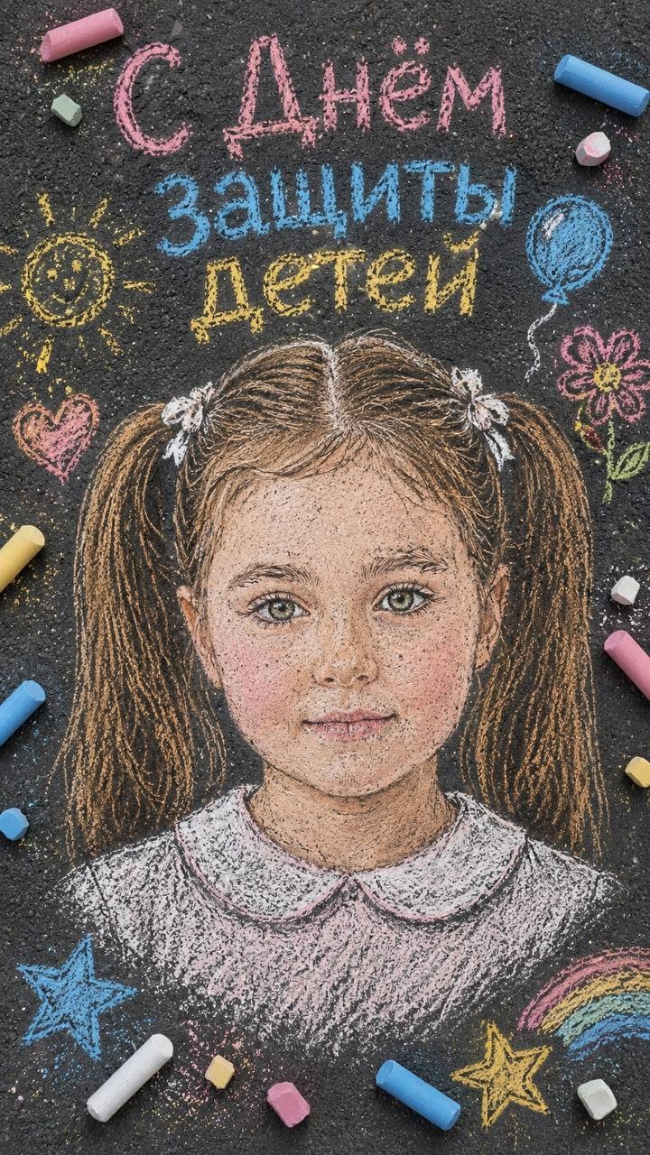 Портрет ребёнка мелом на асфальте ко Дню детей