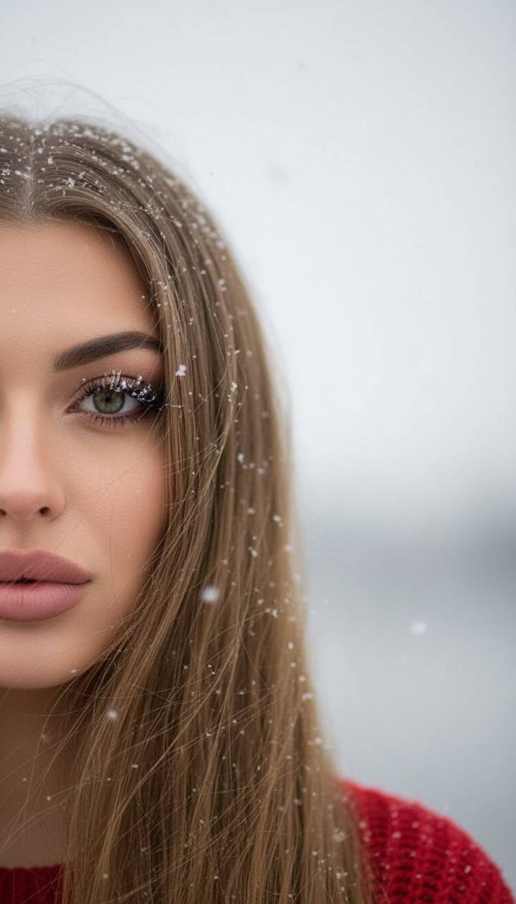 Асимметричный крупный портрет женщины со снегом