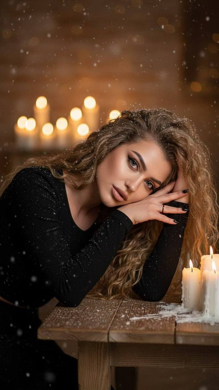 Женщина у стола в комнате при свечах
