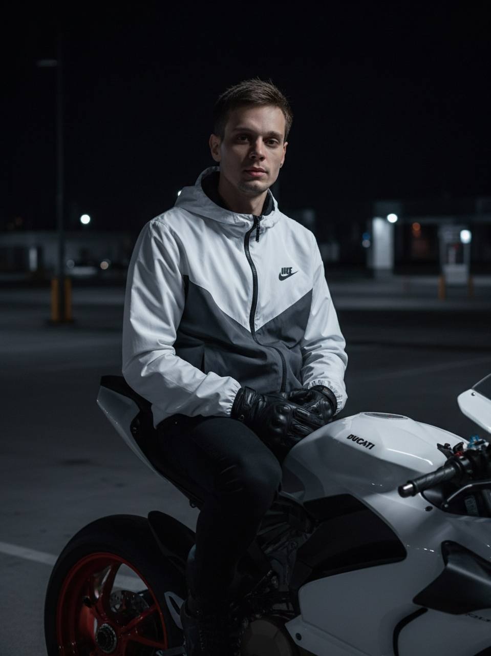 Мужчина на белом Ducati Panigale V2 в гараже