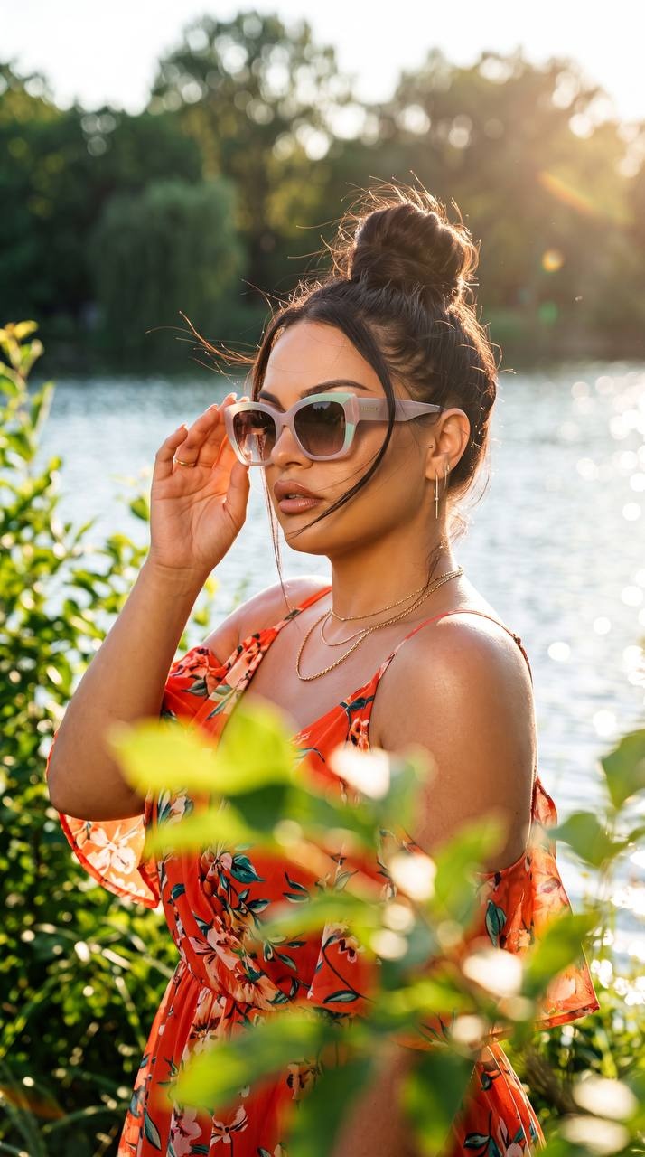 Летний fashion-портрет у воды в зелени