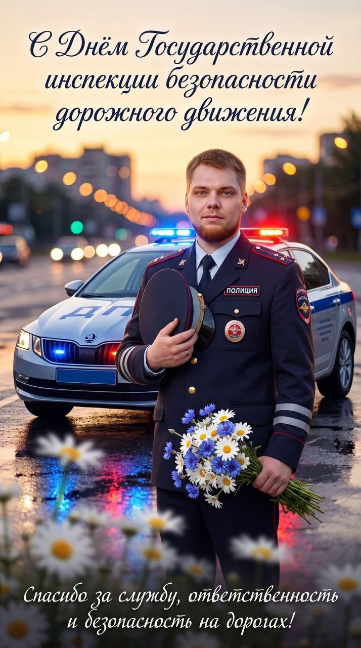 Портрет инспектора ДПС с букетом у патрульной машины