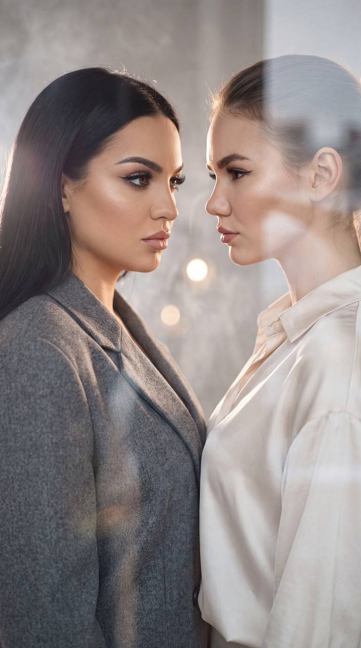 Люксовый fashion-портрет двух женщин за стеклом