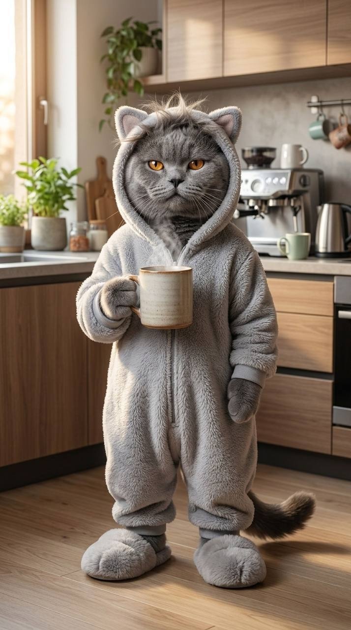 Кот Борис в уютной кухне с кружкой молока