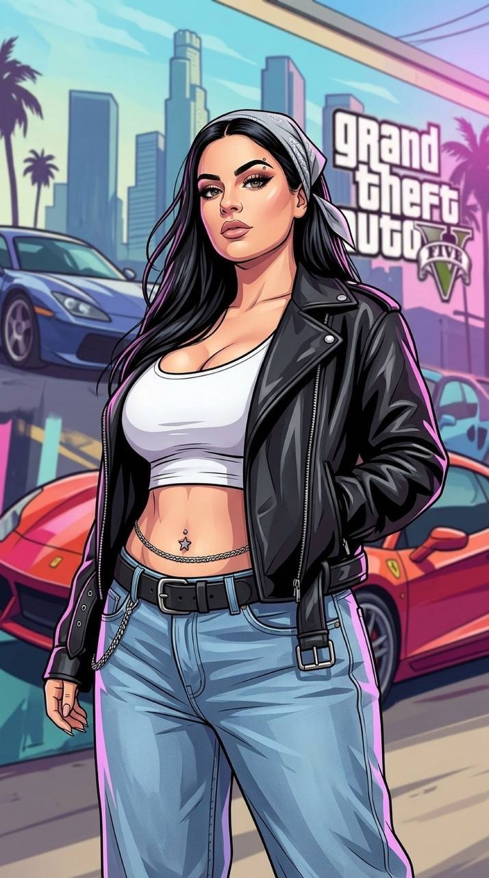 Уличный портрет женщины на фоне мурала GTA V