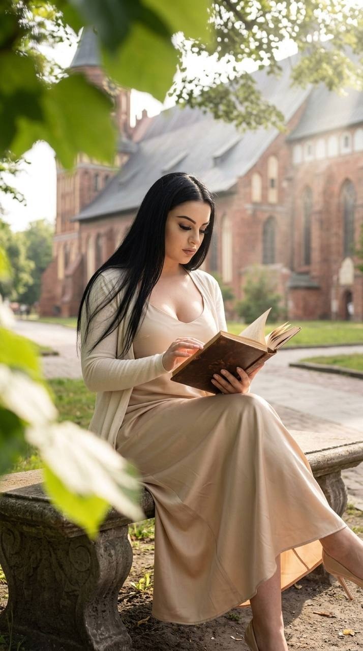 Женщина в шампанском платье у Кафедрального собора