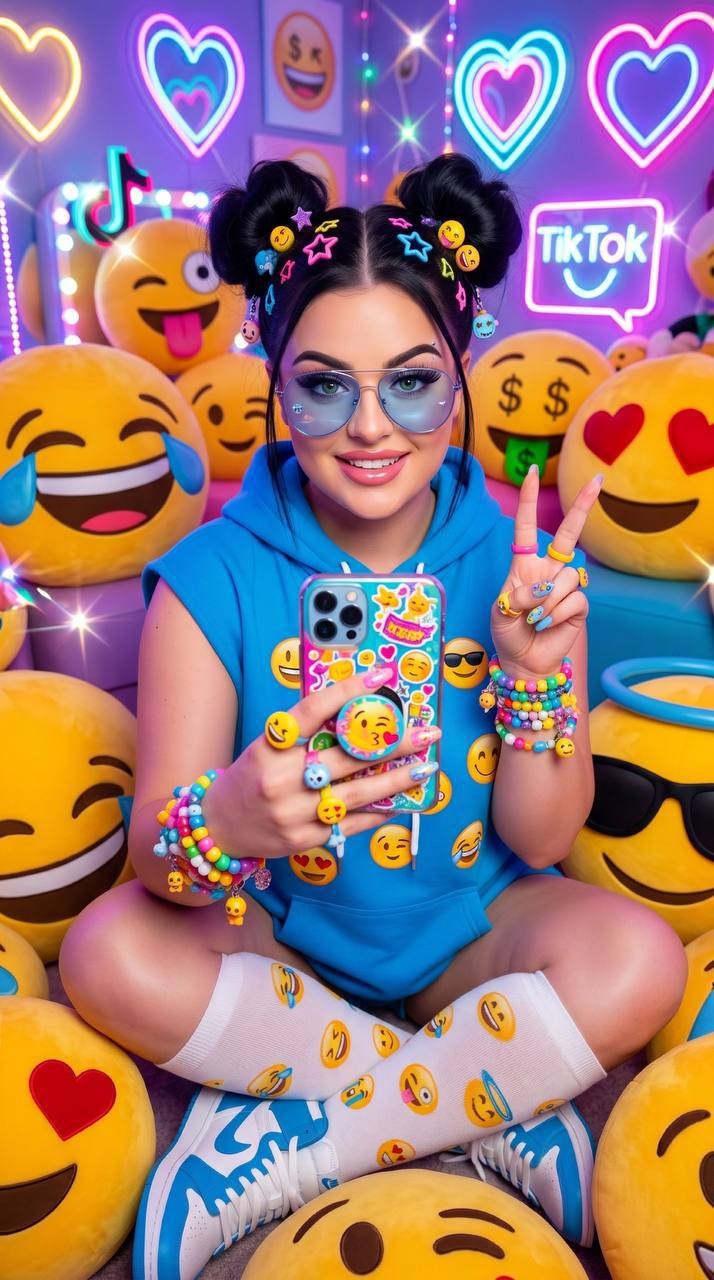 Девушка делает селфи в яркой TikTok-комнате