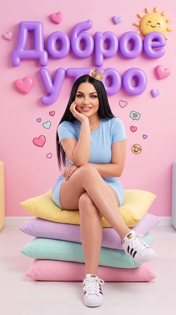Девушка в kawaii-студии с табличкой Good Morning