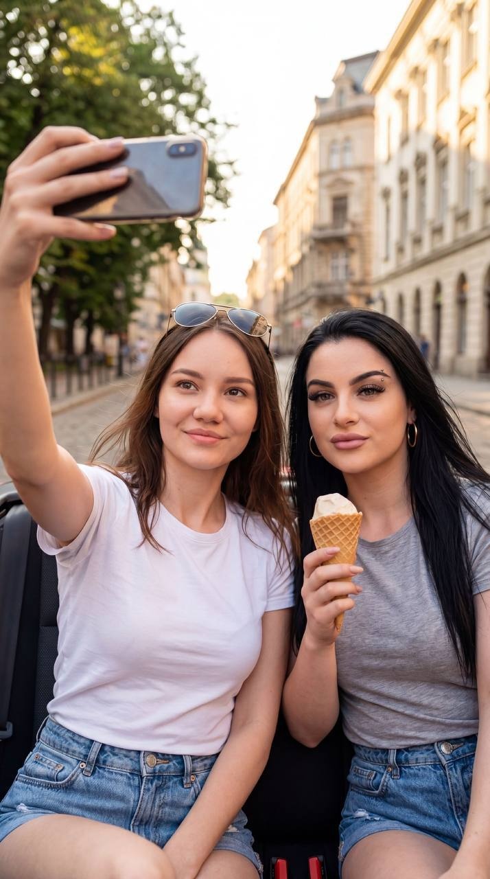 Две девушки в кабриолете на летней улице