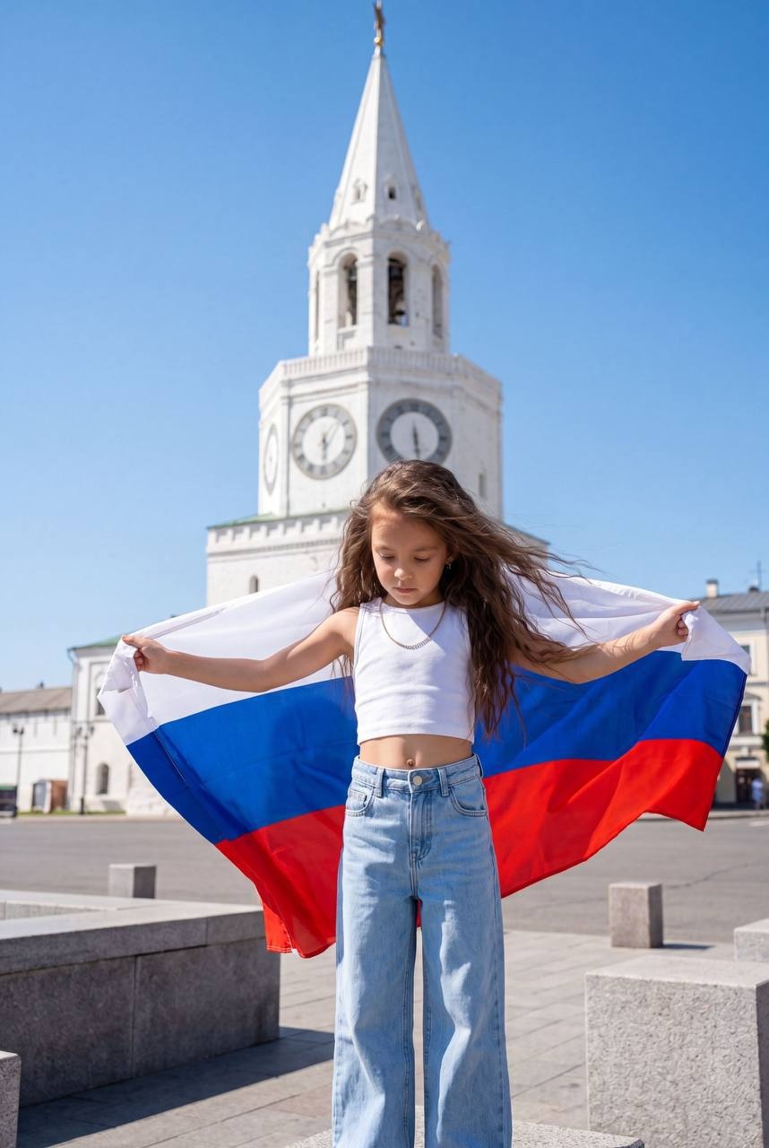 Девушка с российским флагом на городской площади