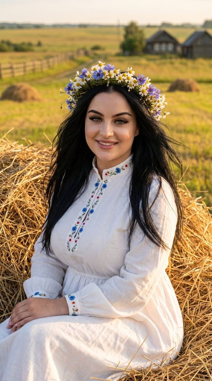 Улыбающаяся женщина на стоге сена в летнем поле