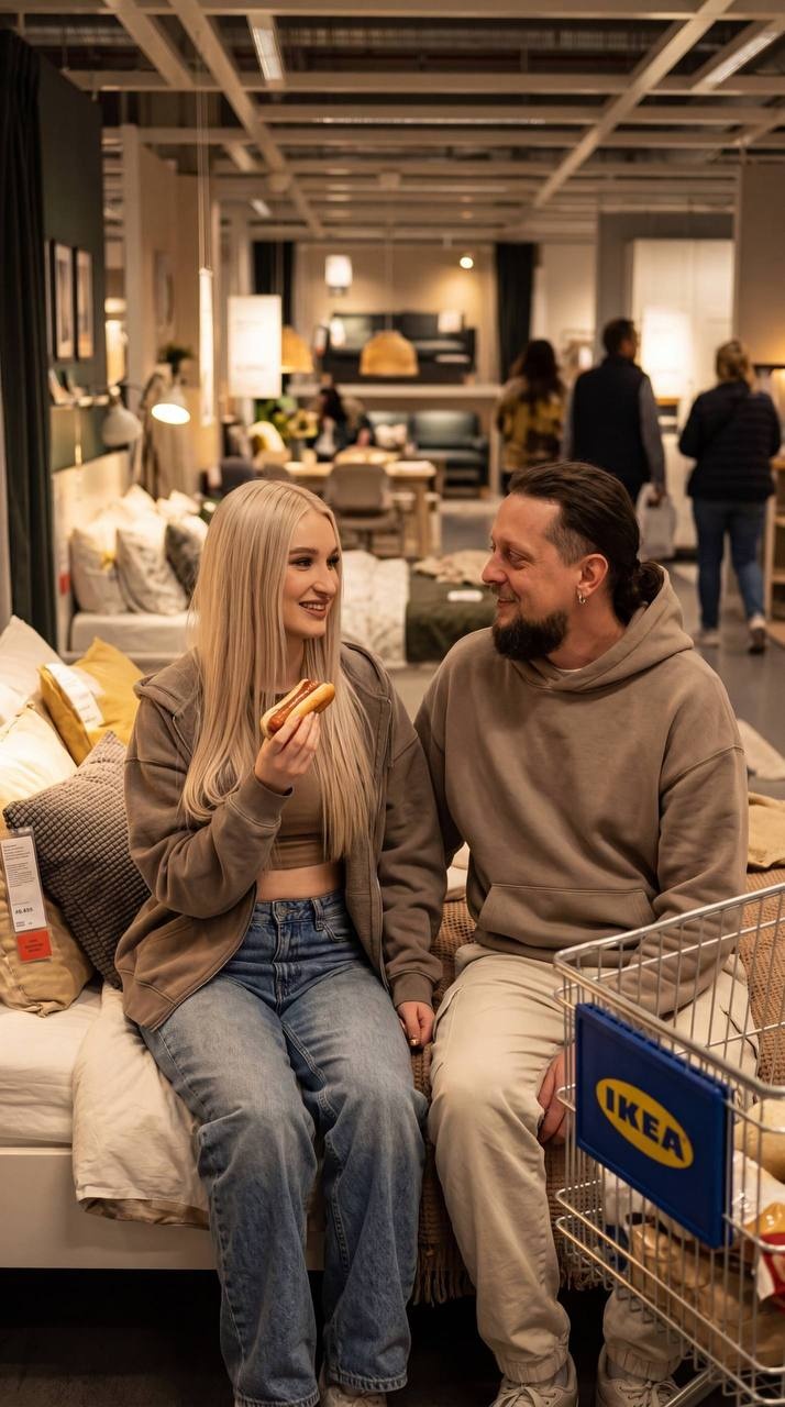 Пара ночью в шоуруме IKEA в уютной спальне