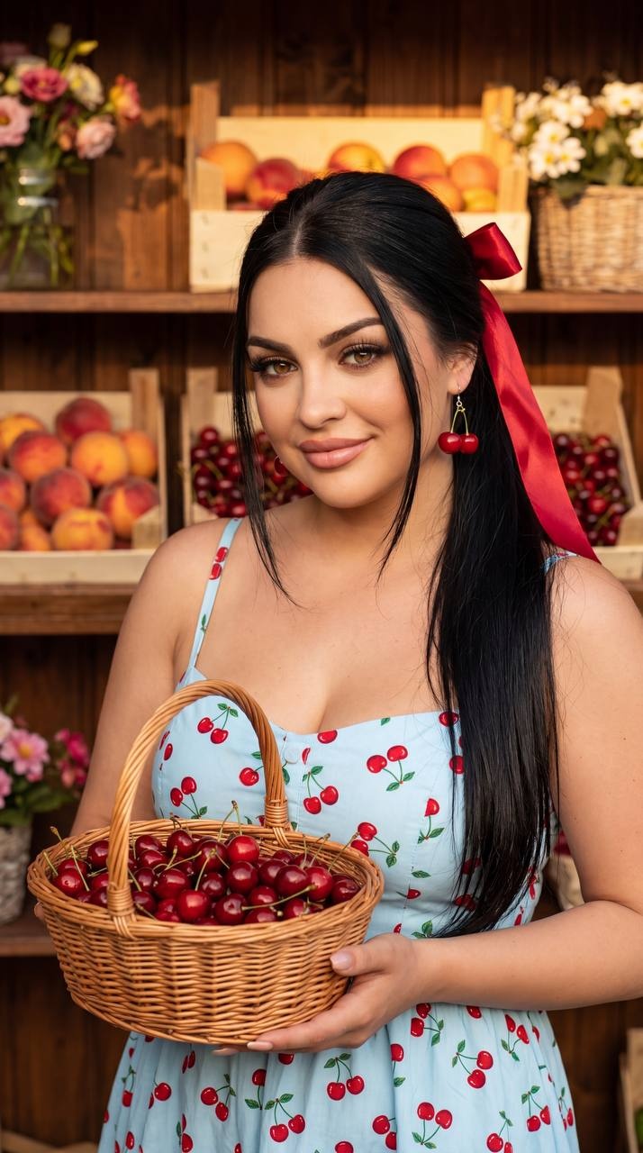 Девушка с вишнями в уютной фруктовой лавке