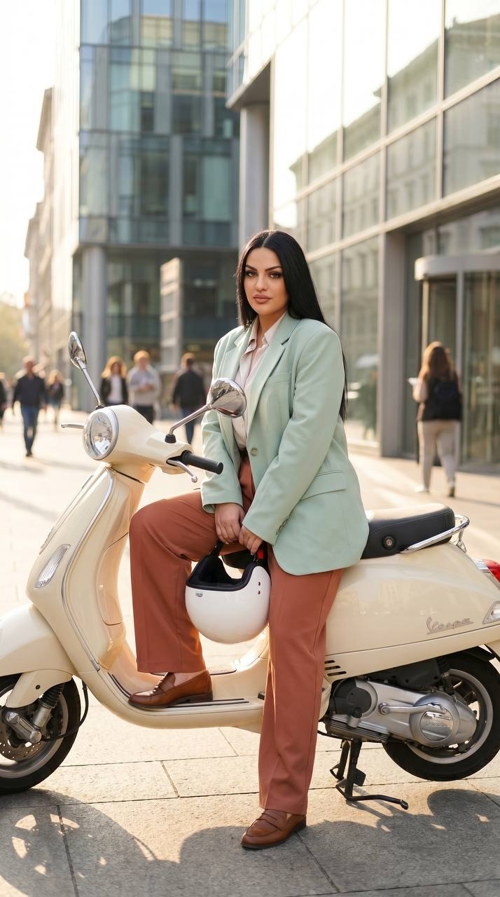 Модный портрет женщины на скутере Vespa в городе
