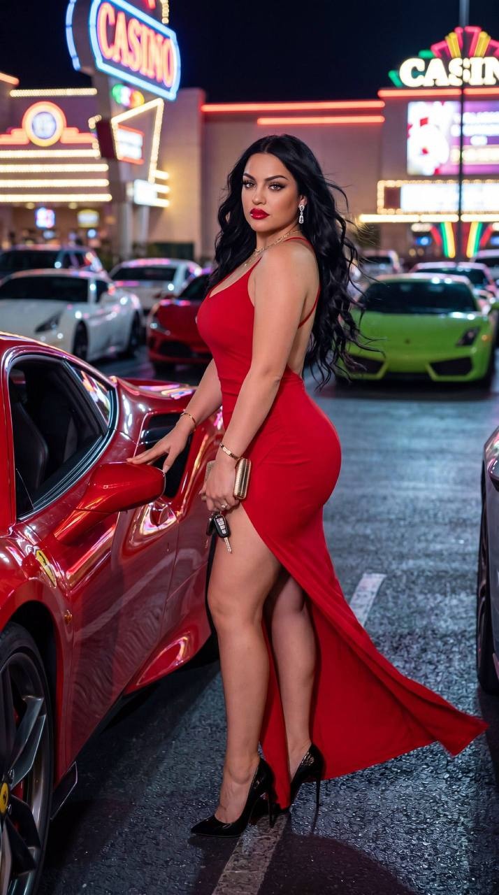 Женщина у красного Ferrari у ночного казино