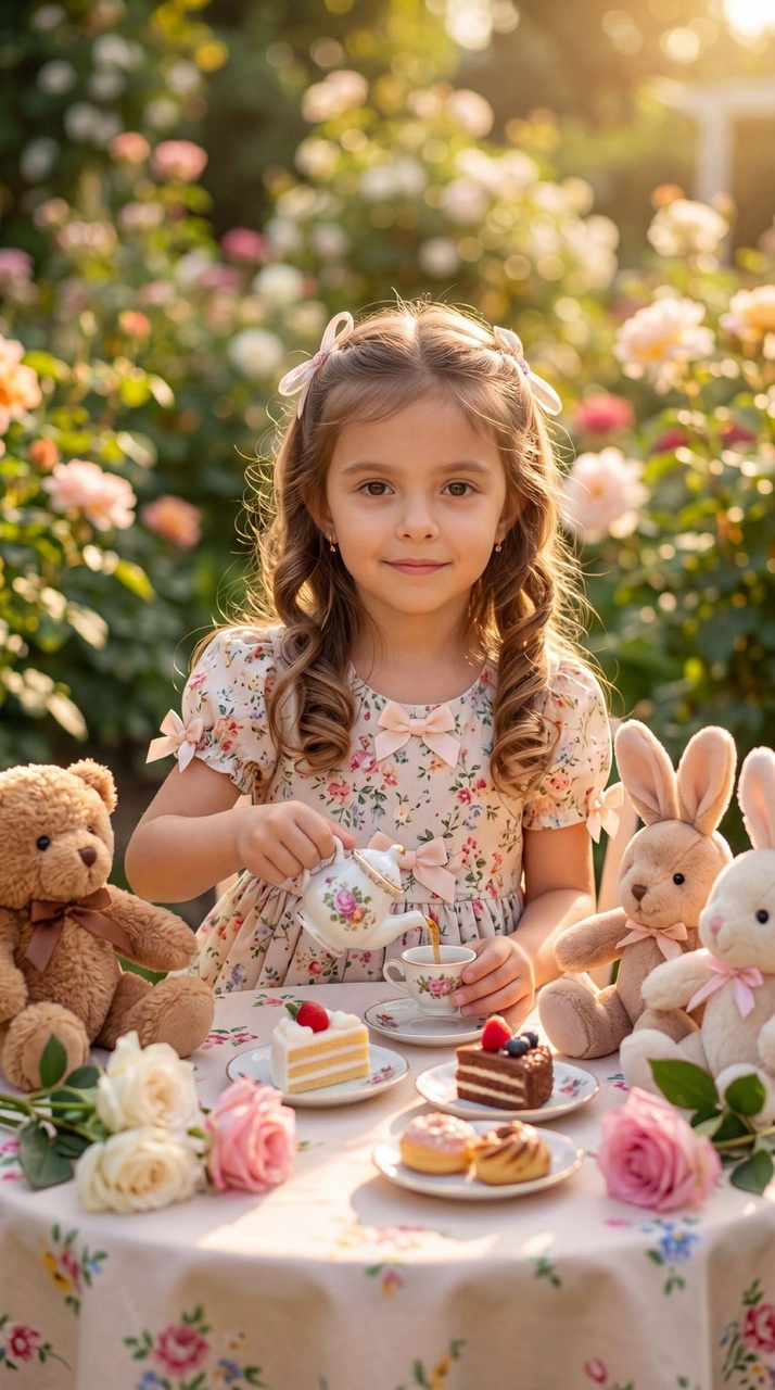 Девочка устраивает чаепитие для плюшевых игрушек
