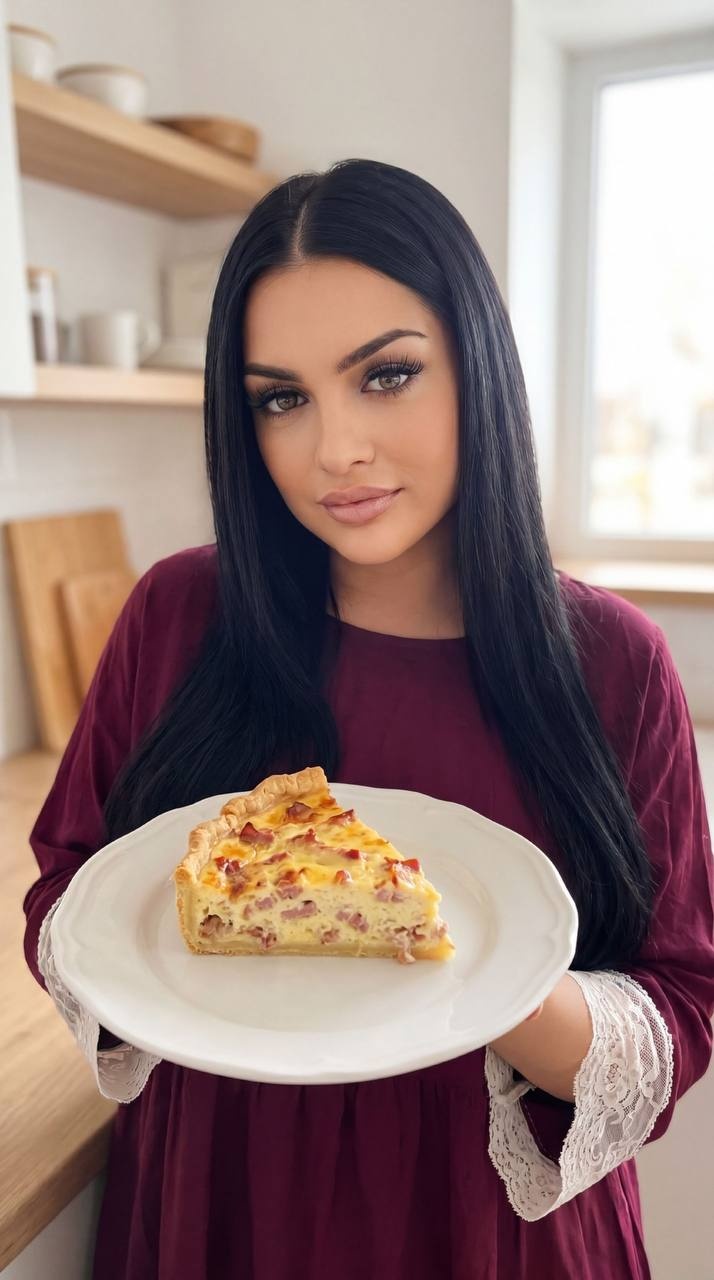 Женщина с кишем лорен на светлой кухне