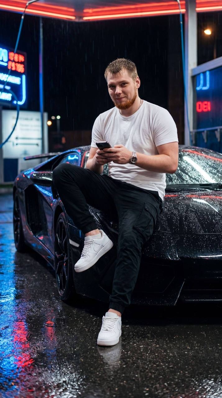 Мужчина на капоте чёрного Lamborghini ночью