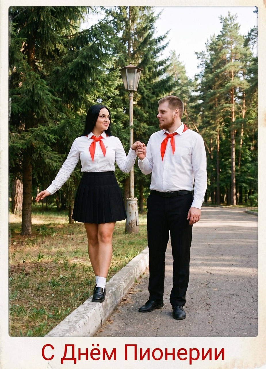 Пара в советской школьной форме в весеннем парке