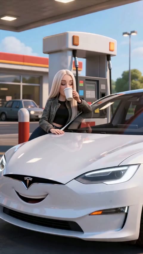 Девочка и говорящая Tesla в очереди на заправке