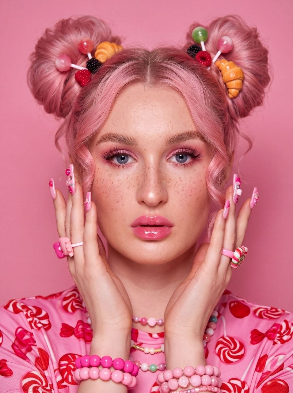 Портрет в стиле candy-glam на розовом фоне