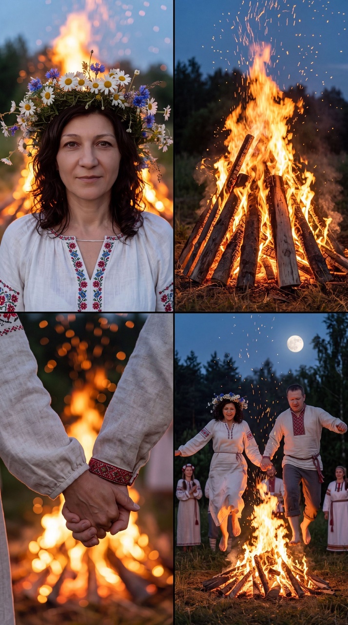 Коллаж с обрядом прыжков через костёр в ночном лесу
