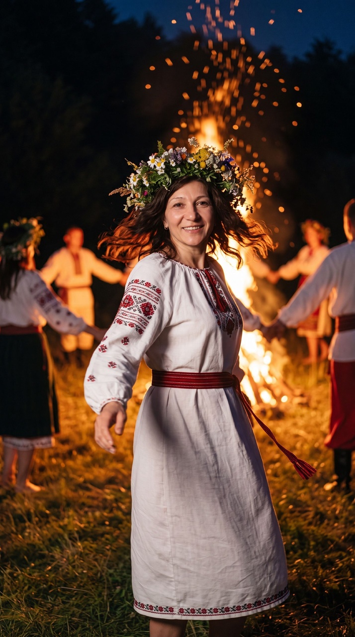 Молодая женщина в славянском наряде у костра