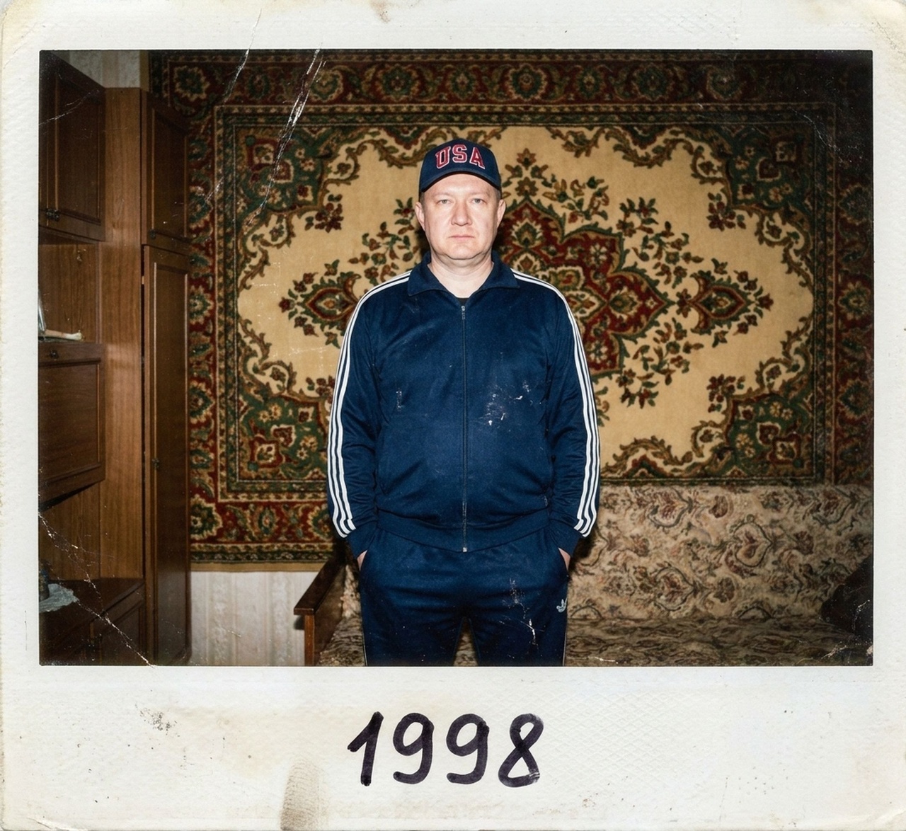 Портрет мужчины в стиле Polaroid в гостиной 1990-х