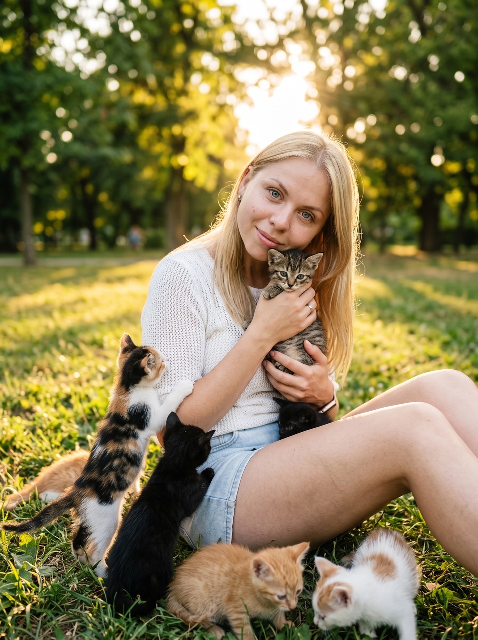 Девушка с котятами в летнем зелёном парке