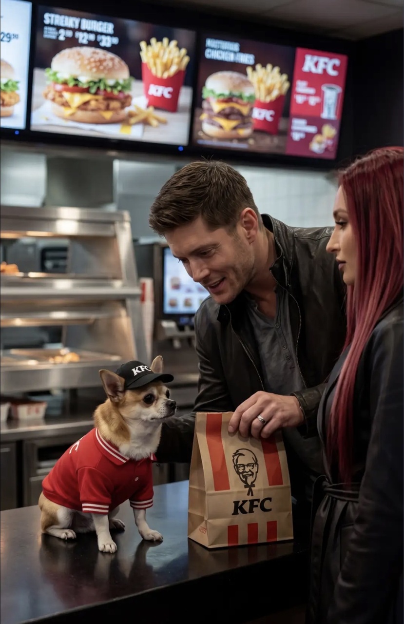 Мужчина у стойки с чихуахуа в форме KFC