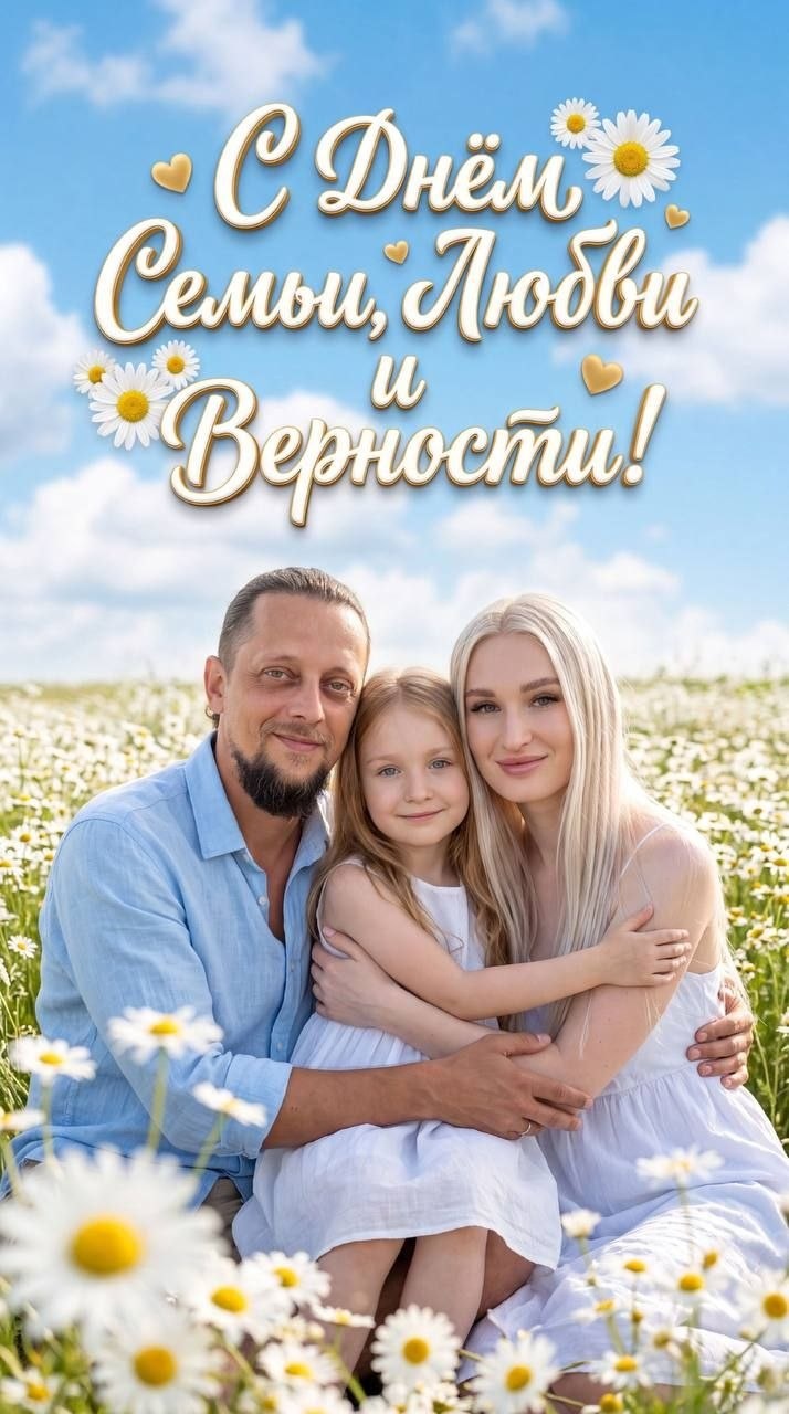 Семейная открытка с объятием в цветочном поле